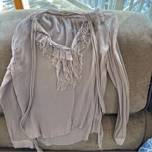 L'AGENCE Pale Lavend 100% Silk Ruffled Neckline Semi-Sheer Blouse Size 4 (Large)